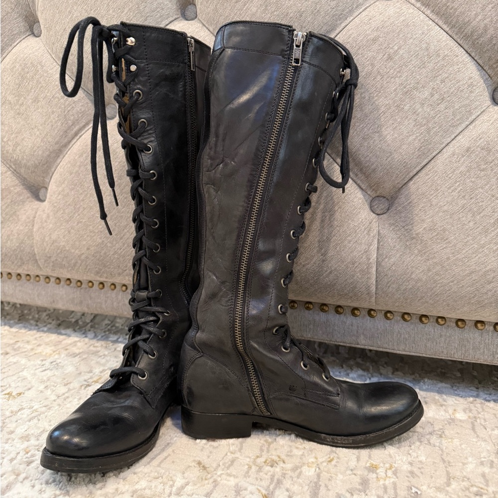 Frye Melissa size 6.5 NEVER WORN Black Leather Tall Lace-Up Boots